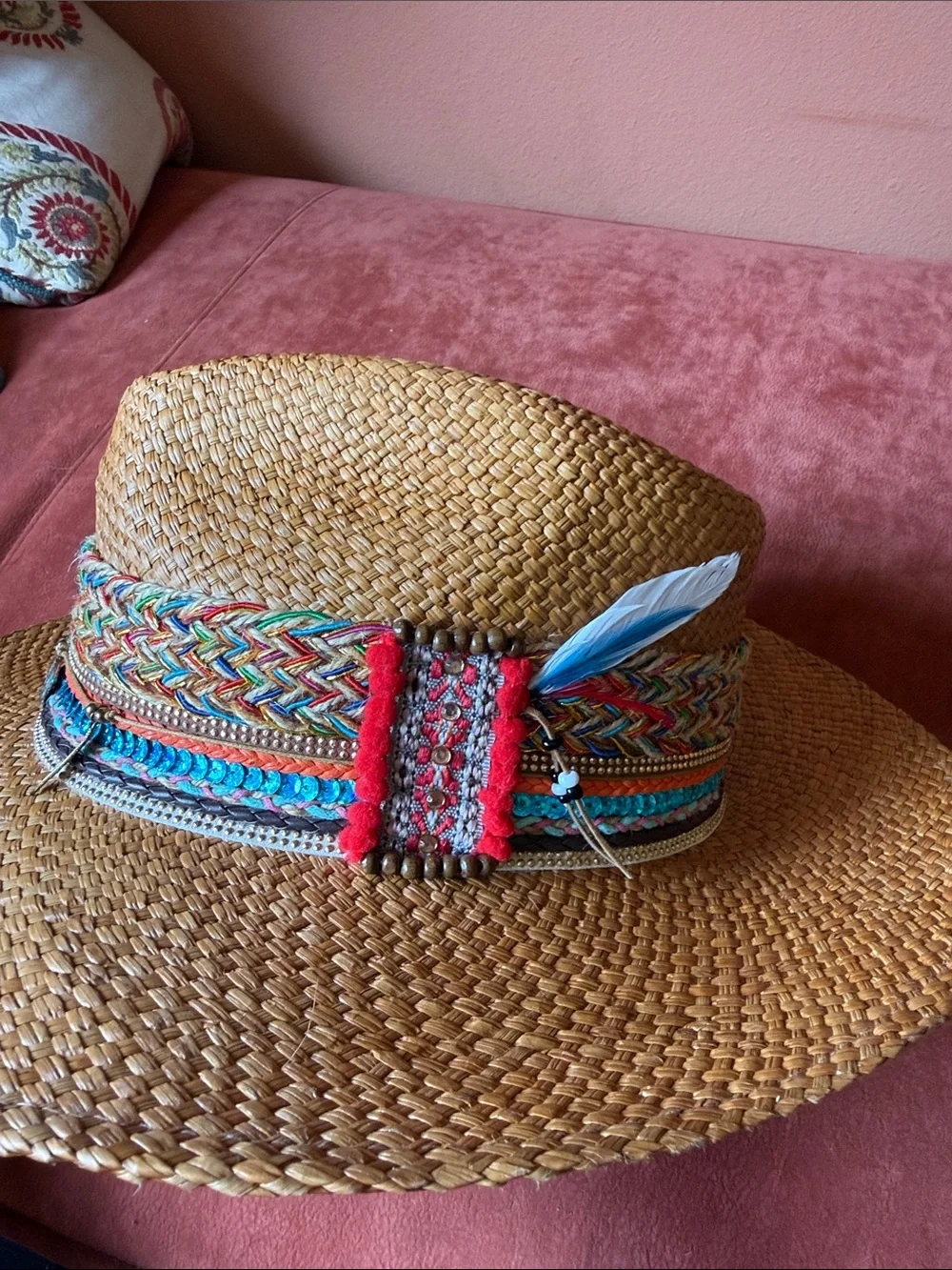 Women’s Straw Fedora Hat with Colorful Braided Band - Tan - Picture 3 of 7